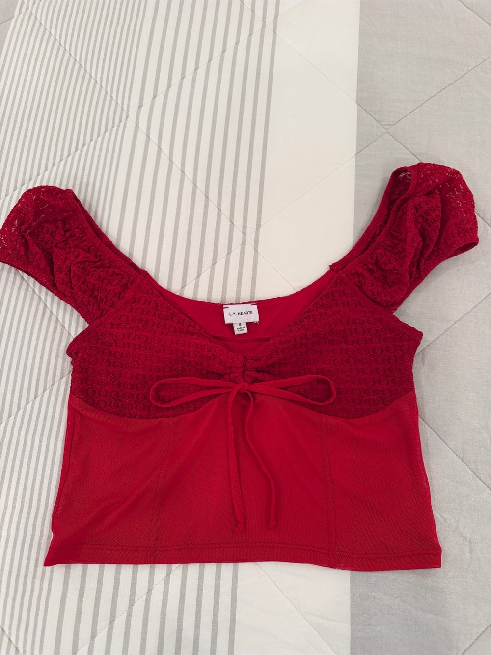 La Hearts Red Lace-Trim Crop Top with Front Tie